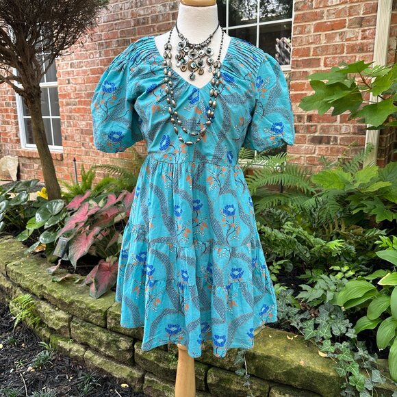 Tuckernuck Anna Cate Cotton Puff Sleeve Turquoise Tiered Mini Dress Sz SM - Picture 1 of 10